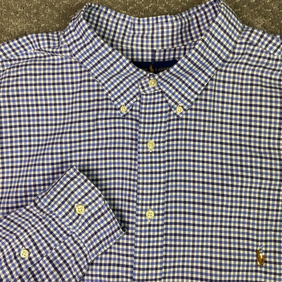 Ralph Lauren Stretch Oxford Shirt Men's 3XLT Blue White Gingham Check Polo Plaid - Picture 1 of 12